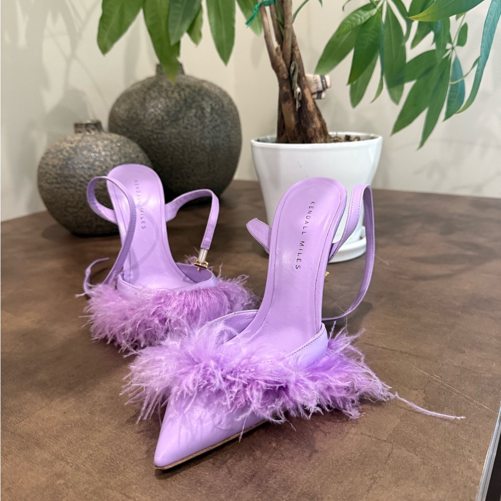 Purple Satin Stiletto Heels with Feather Trim